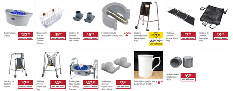 Various walking frame accessories that are available for sale from the Ability Superstore website 