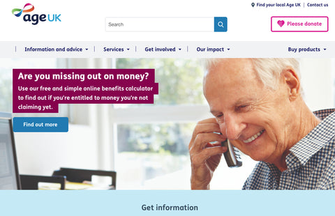 A screen shot of the Age UK website 