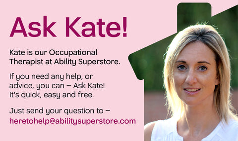 A face shot of Kate Makin (Ability Superstore's occupational therapist) inside the silhouette of a house (the Ability Superstore logo). There is a pale pink background with words explaining what the – Ask Kate – articles are all about