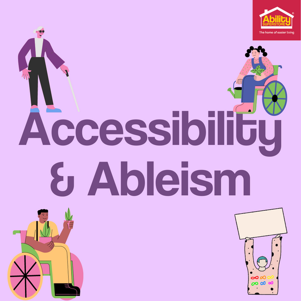 Purple background with text reading "Accessibility & Ableism" in the centre. Illustrations of people in wheelchairs, visually impaired and someone carrying a sign surround the text.