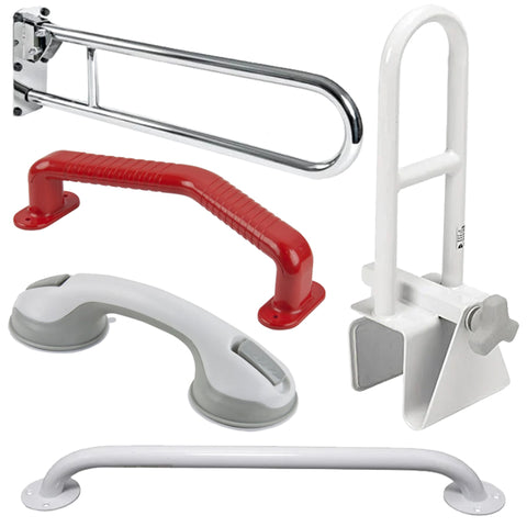 5 different bathroom grab rails that are availanle for sale on the Ability Superstore website