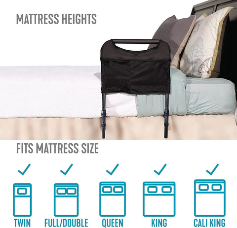 Teh Bedside Safety Handle and Integral Pouch is on a bed with its "legs" under the mattress. There are a number of graphics that shows that this mobility aid is suitable for various bed sizes