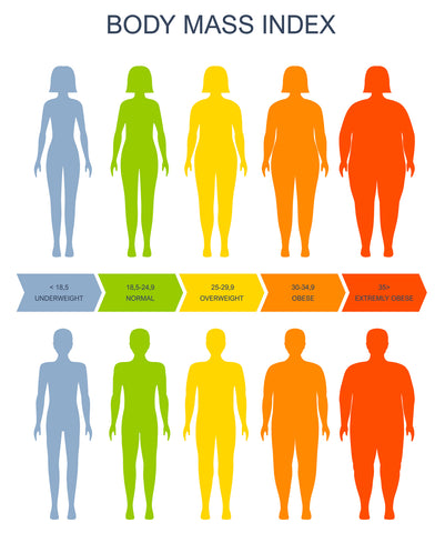 Silhouettes of men and women that are different weights. Also showing are the body mass index text