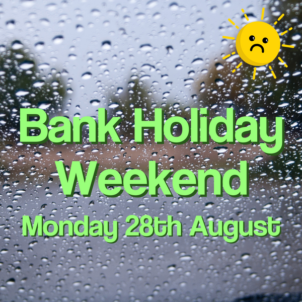 Text reads "Bank Holiday Weekend Monday 28th August" on a backdrop of a raindrop covered window overlooking grey skies. Illustration of the Sun with a sad face appears in the corner.