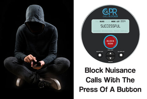 Half of the image shows a man in a dark grey hoodie and tracksuit bottoms - he is looking at his mobile phone; the image looks very menacing. In the other half of the image is a picture of the Call Blocker machine