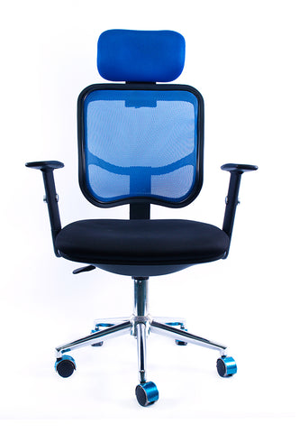 A black and blue ergonomic office chair