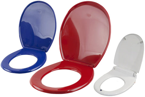 3 different toilet seats – one in red, one in blue and one in white