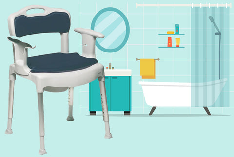 On an illustrated background of a bathroom with a bath, cabinet, mirror and shower curtain stands a picture of an Swift Commode Chair