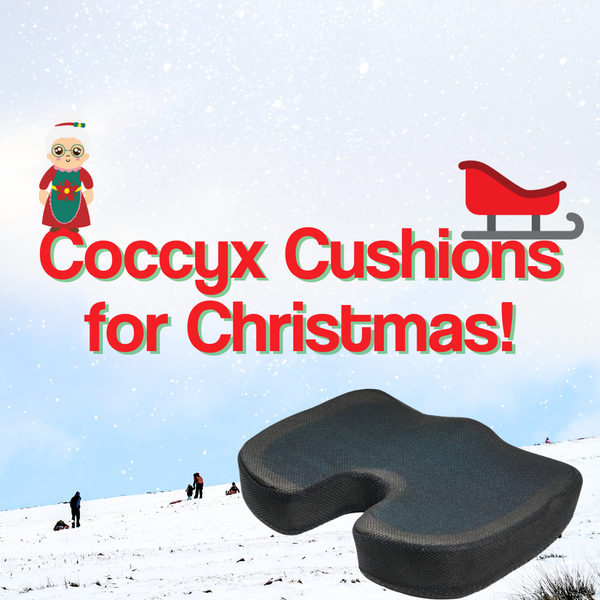 Text reads "Coccyx Cushions for Christmas!" with graphics of a grandma and a sledge on a snowy hilltop, and a coccyx wedge below it