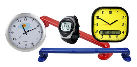 Picture shows two dementia friendly clocks, 1 dementia friendly watch and two high contrast grab rails
