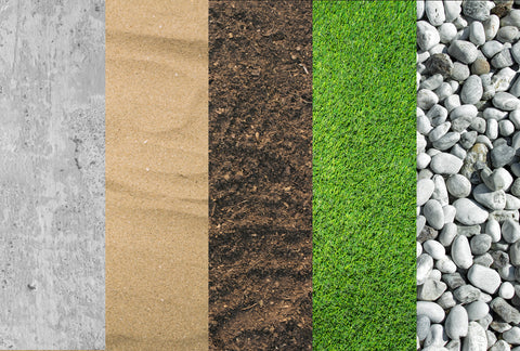A montage of different terrains – concrete, sand, earth, grass and pebbles