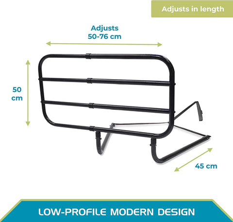 A picture of the Extend-A-rail with measurements showing the length, width and depth