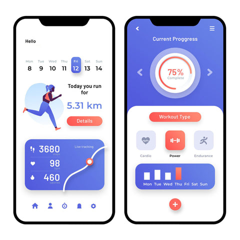 The screen of two mobile phones are showing, with each one showing a screenshot of a fitness app