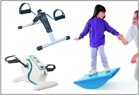 A girl on a Tumble, Balance Board. To the left of this picture is an image of a Pedal Exerciser with Digital Display, as well as a Motorised Electric Mini Exercise Bike
