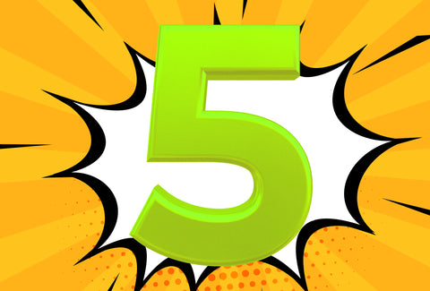 The background shows a graphic flash (as you might see in a comic strip). Bursting out of the flash is the number – 5 - that is coloured in a bright lime green