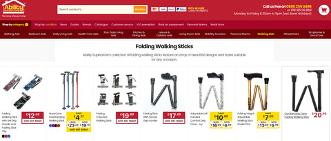 A screenshot of the Folding Walking Sticks page that can be found on the Ability Superstore website