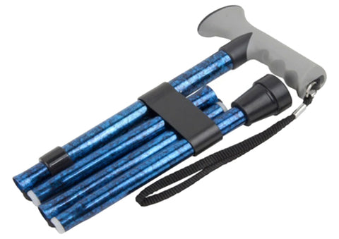 A folded up, blue walking sticks, held together by a walking stick clip