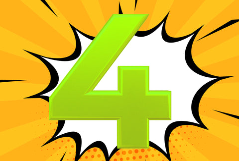 The background shows a graphic flash (as you might see in a comic strip). Bursting out of the flash is the number – 4 - that is coloured in a bright lime green