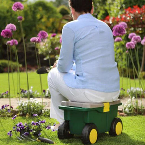 A picture of a woman sitting o the Garden Seat Roller
