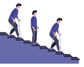 A graphic showing how to go down stairs when using crutches