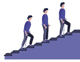 Illustrations showing how to go upstairs when using crutches