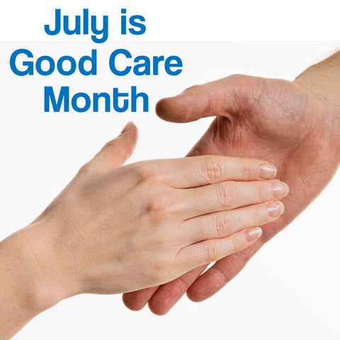 Two hands reaching towards each, as though in a caring gesture. The words – July is Good Care Month – can be seen