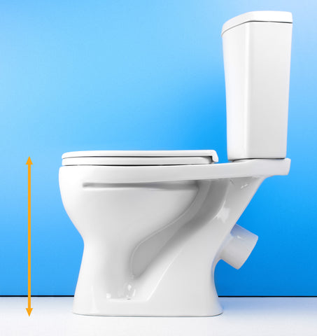 The side view of a white toilet. The background is a graduated blue. There is an double-arrowed line, that's pointing from the toilet seat to the floor
