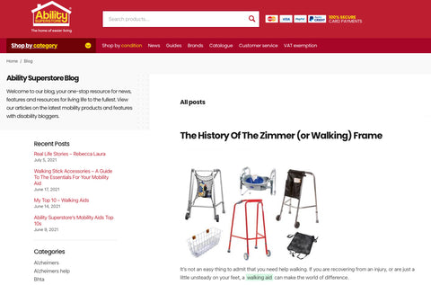 A screenshot of The History Of The Zimmer (or Walking) Frame blog that can be found on the Ability Superstore website