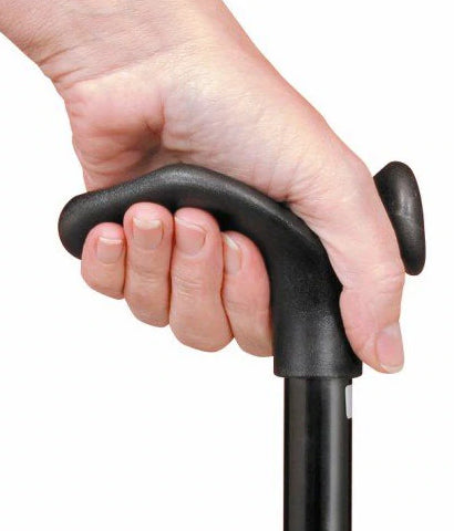 A hand holding an ergonomic walking stick correctly