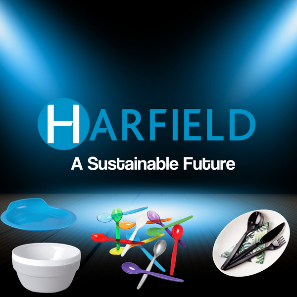 Harfield: A Sustainable Future with images of polycarbonate cutlery, dishes and bowls