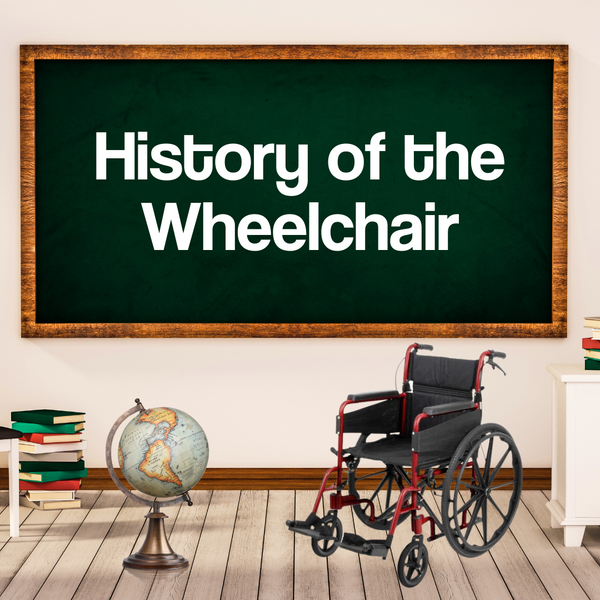 Text reads "History of the Wheelchair" on a classroom blackboard, with a wheelchair and a globe below it.