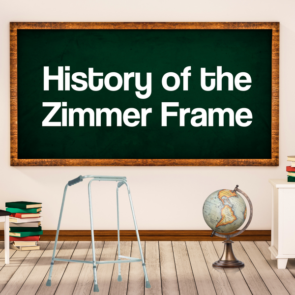 A classroom, with text reading "History of the Zimmer Frame" on the blackboard. A Zimmer frame and a globe sit underneath
