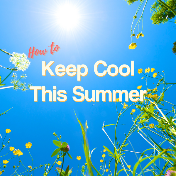 Blades of grass and buttercups surround a blue sky with a bright sun. Text that reads "Keep Cool This Summer" is in the centre.