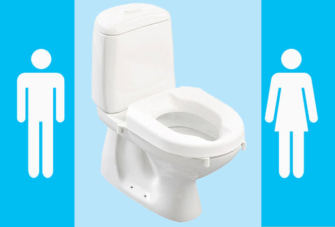 A stick man (to the far left of the image) and woman (to the far right of the image) are on a blue background. In between the two images is a white toilet, that has a raised toilet seat on it