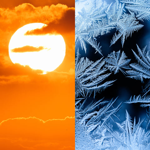 picture is split in half. In one side is a sun and red/orange sky; in the other half is a close up of some frost