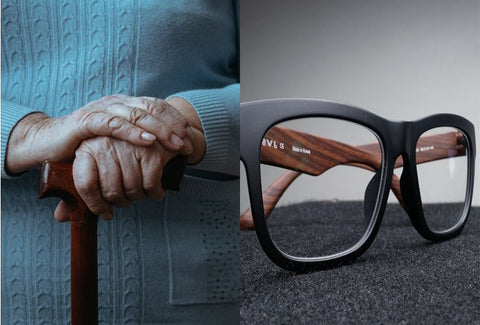 An image split into two halves. On the left hand side of the images is a close up of a woman's hands holding a walking stick. On the right hand side is a pair of black and brown glasses