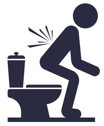 A stick man squatting onto a toilet. His knees are bent, but there are "pain" lines coming from his back, emphasising that he is having problems sitting down