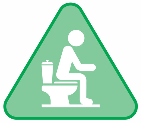 A stick man sitting on a toilet. The graphic is set within a green triangle