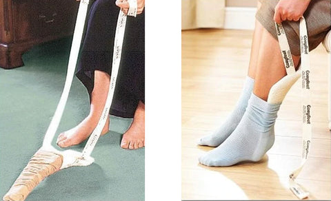 Two images showing how to use the Soxon Sock Aid