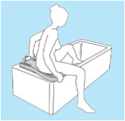 A graphic that shows an outline of a woman sitting in the centre of a bath board, thats positioned over a bathtub. The woman is lifting one leg into the bathtub