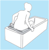 A graphic that shows an outline of a woman sitting in the centre of a bath board, thats positioned over a bathtub. The woman has lifted both of her legs into the bathtub