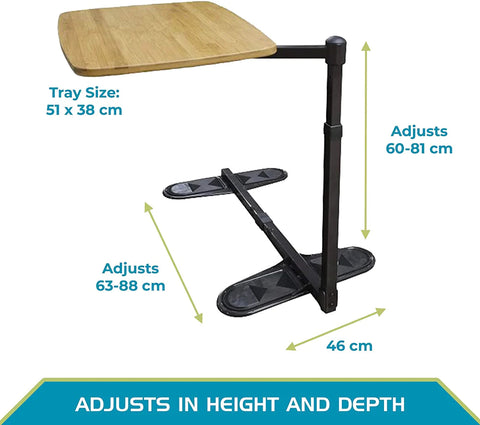 A picture of the Swivel Tray Table with various measurements showing the length, width, depth and height