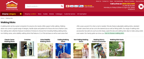 The various walking stick categories on the Ability Superstore website