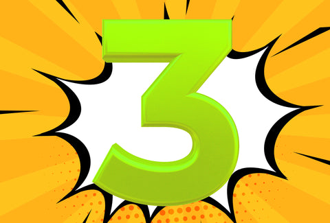 The background shows a graphic flash (as you might see in a comic strip). Bursting out of the flash is the number – 3 - that is coloured in a bright lime green