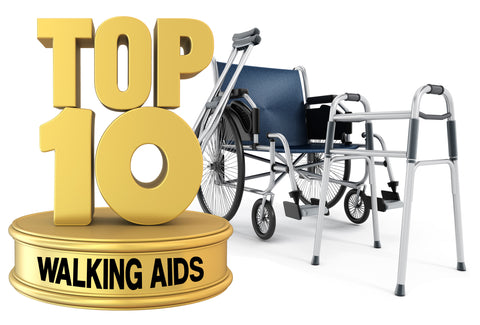 A picture showing a "statue" with the words – Top 10 Walking Aids – making up the "statue". In the background is a wheelchair and a walking frame