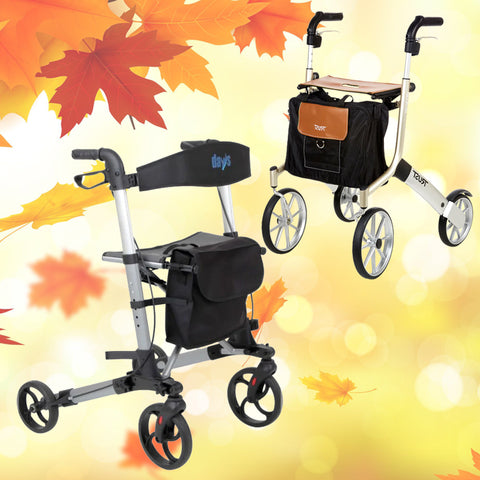 Two rollators on top of an autumnal background – yellow/orange/red with some autumn leaves