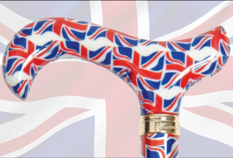 The handle of the Union Jack walking stick, with the UnionJack flag behind