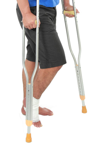 A photo showing the bottom half of man – the bottom of his crutches are around the size of his feet in front of him, as though he is about to take a step