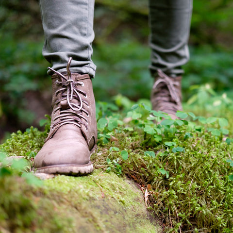 A close up of a pair of walking shoe. A person is wearing them and wooding through a wood