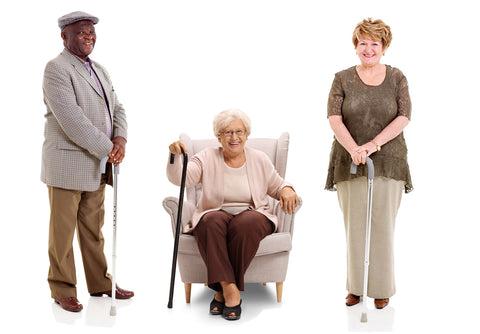 Three adults with two sitting and one is in an armchair. All three are holding walking sticks